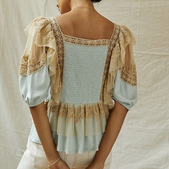 NEW Forever That Girl Women Ruffled Lace Peplum Short Sleeve Pullover Blouse - Picture 4 of 4